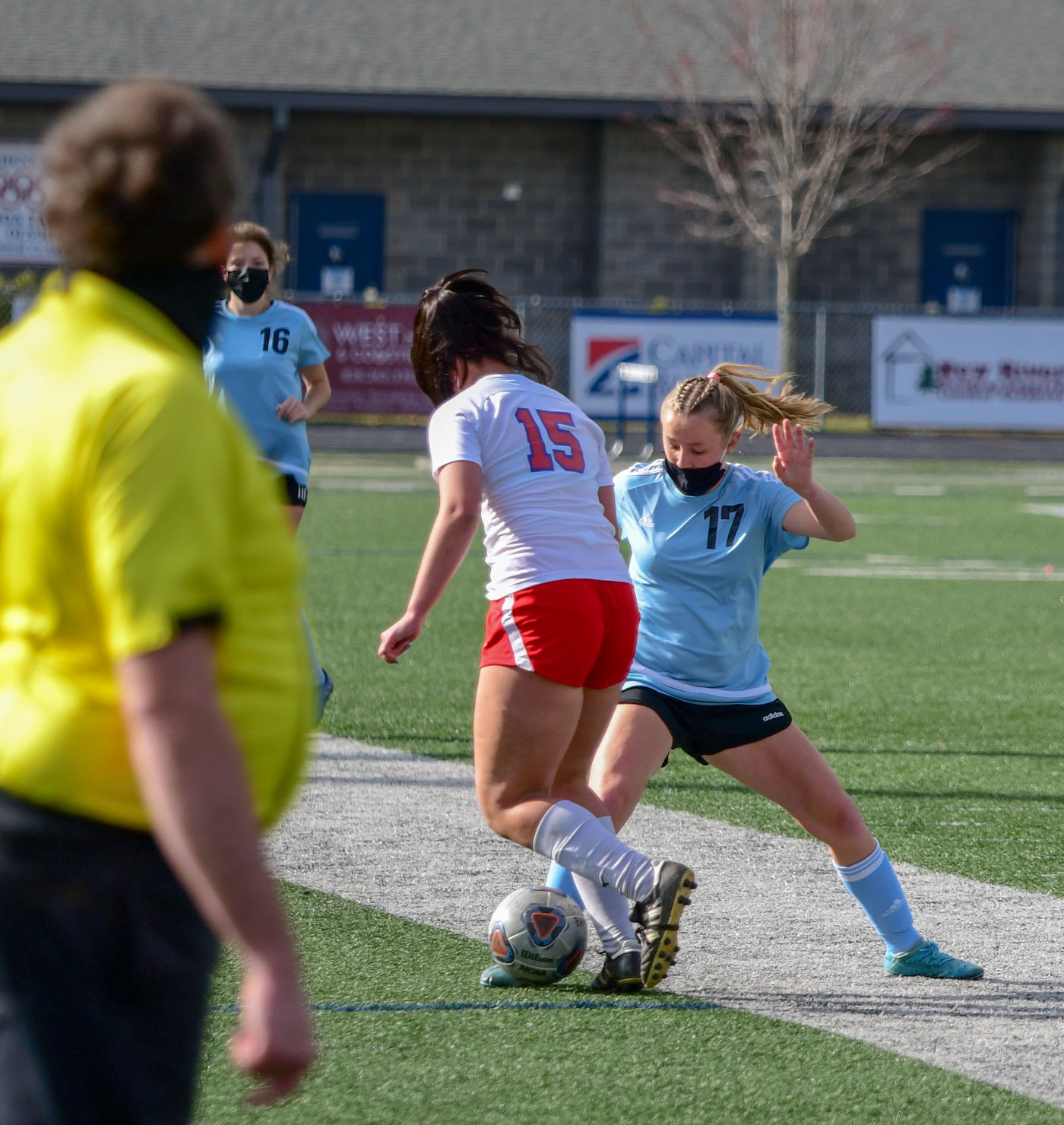 Katie Durham battles for possession